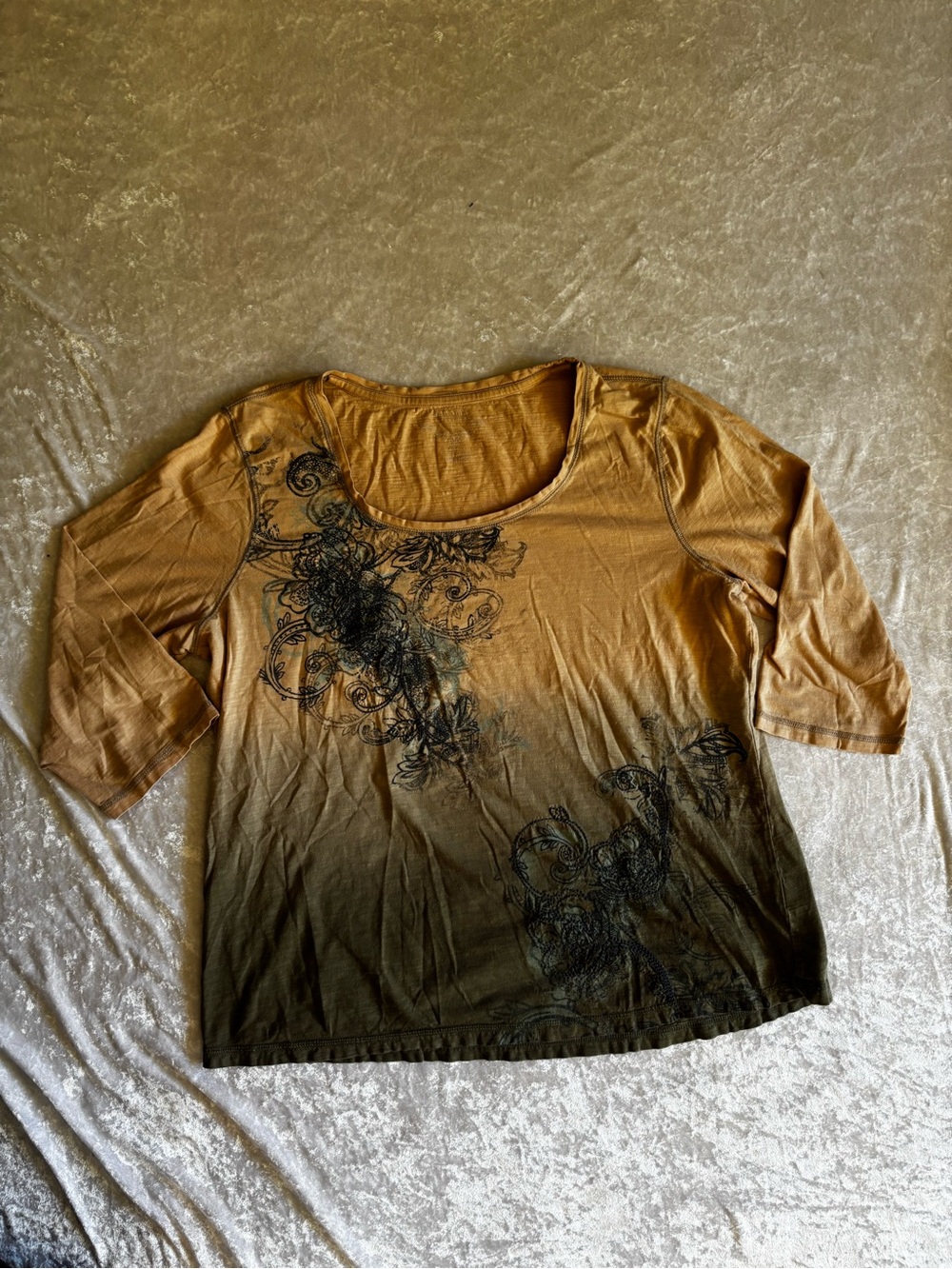 Ombre Scoop Neck Long Sleeve Top in Mustard and Olive with Black Filigree